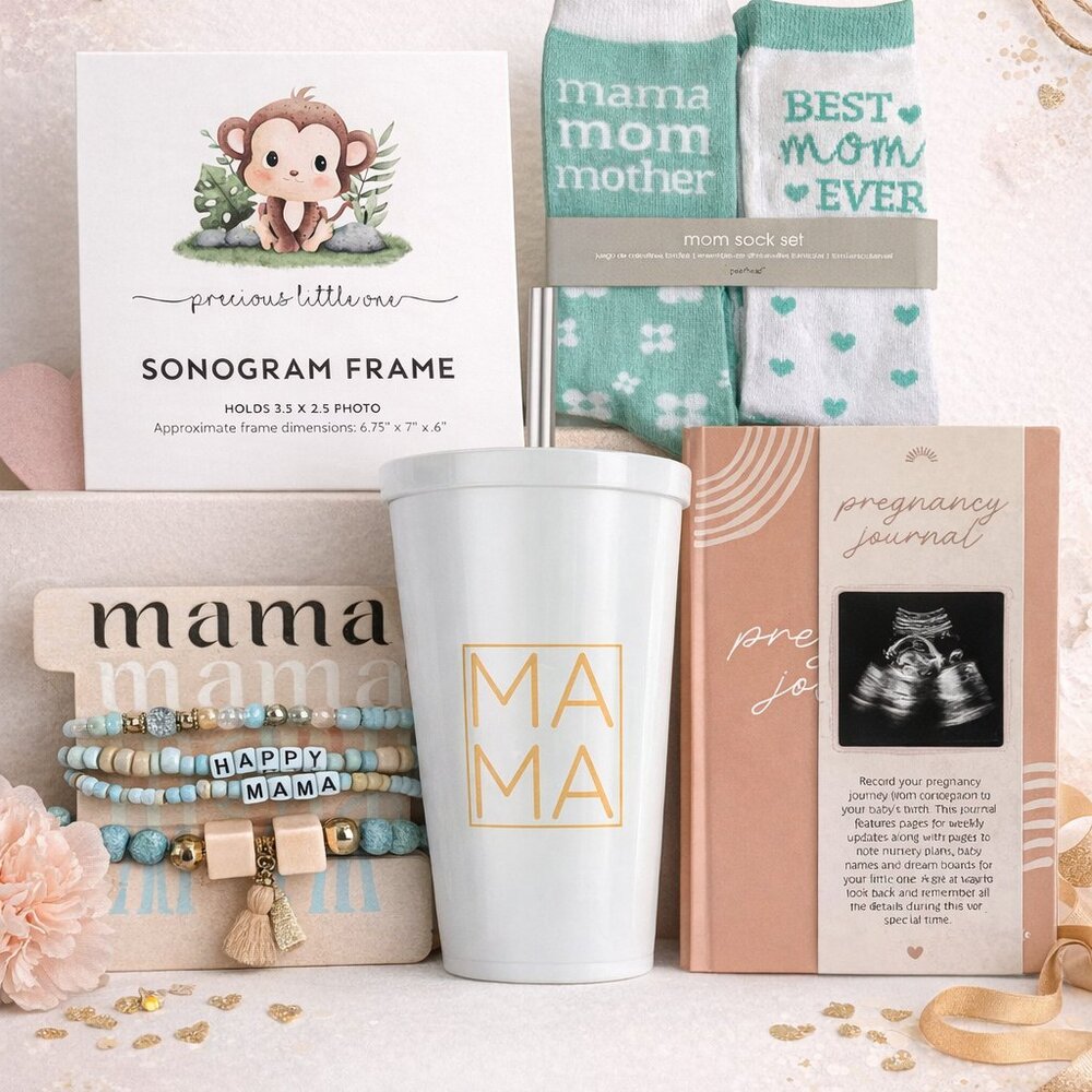 Baby Shower Bundle Gift Set New Mom Mama Tumbler Journal Socks Sonogram Frame